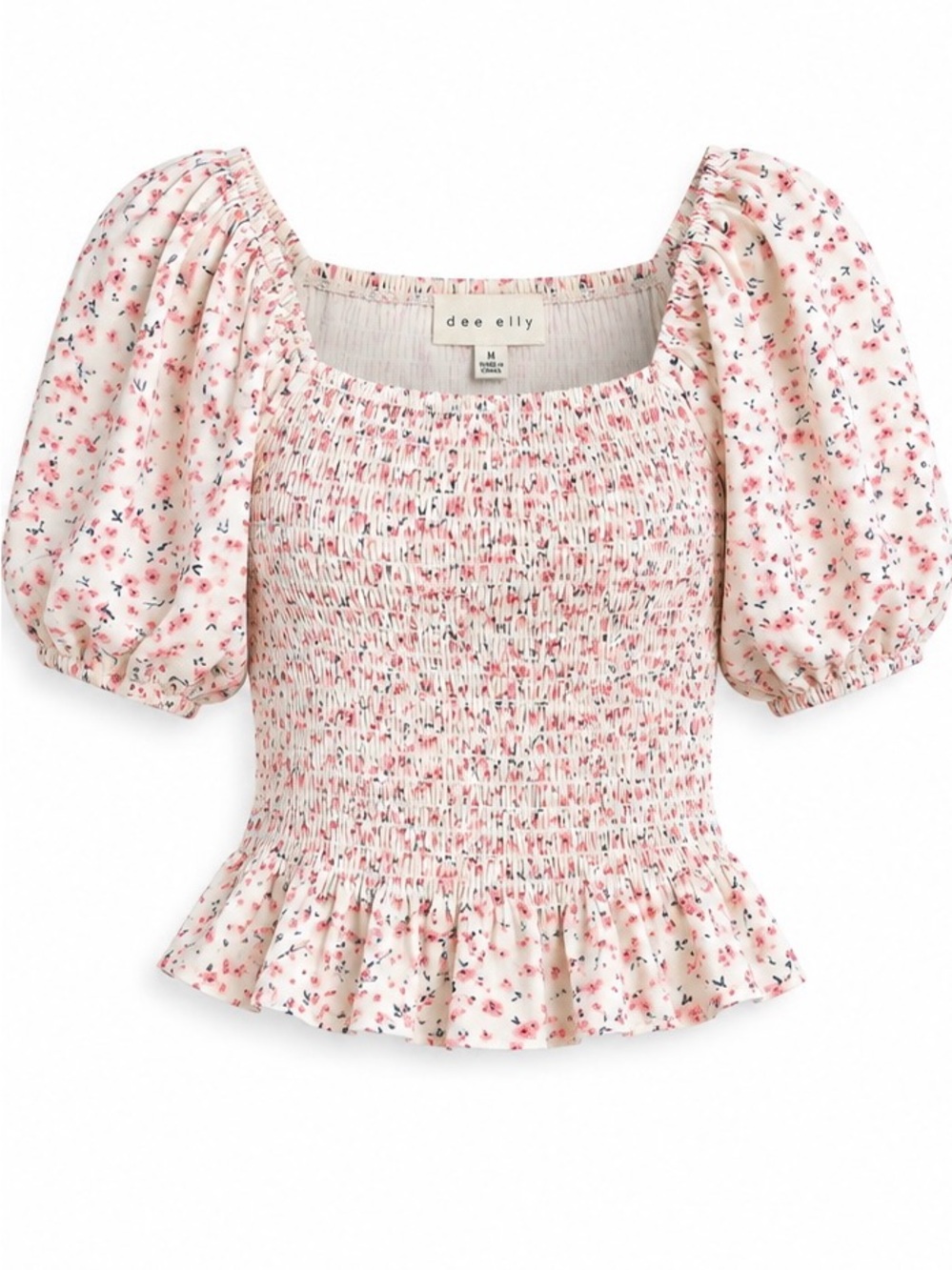 NWT Dee Elly Floral Smocked Peplum Crop Top Size M Puff Sleeve